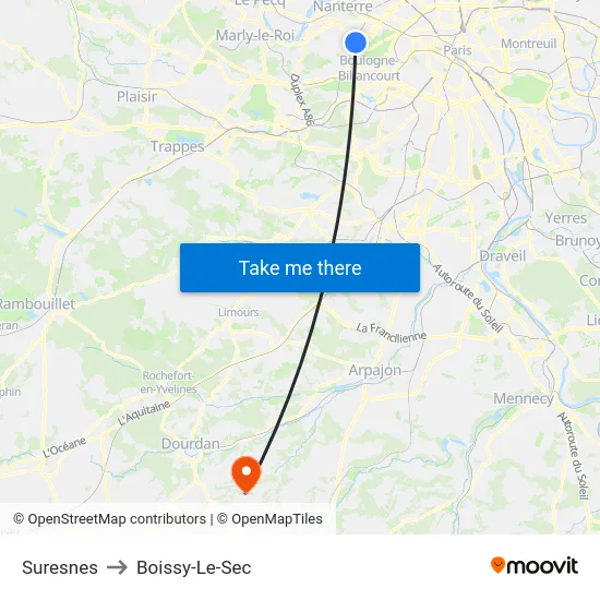 Suresnes to Boissy-Le-Sec map