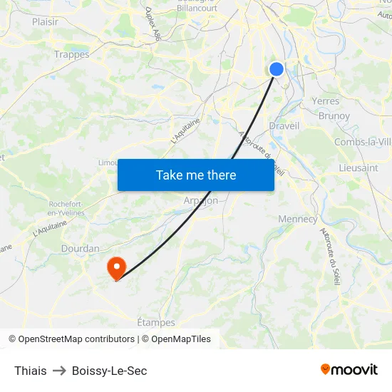 Thiais to Boissy-Le-Sec map