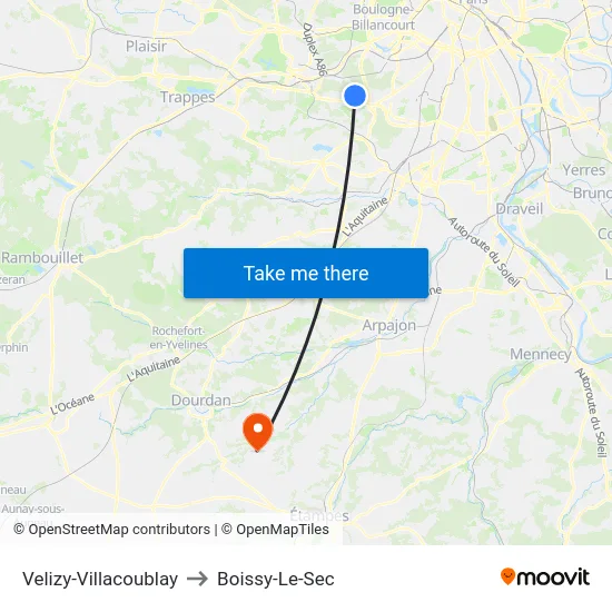 Velizy-Villacoublay to Boissy-Le-Sec map