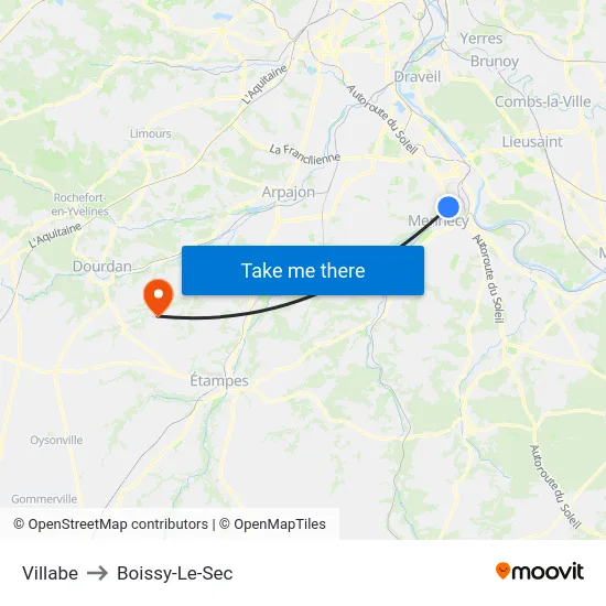Villabe to Boissy-Le-Sec map