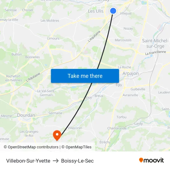 Villebon-Sur-Yvette to Boissy-Le-Sec map