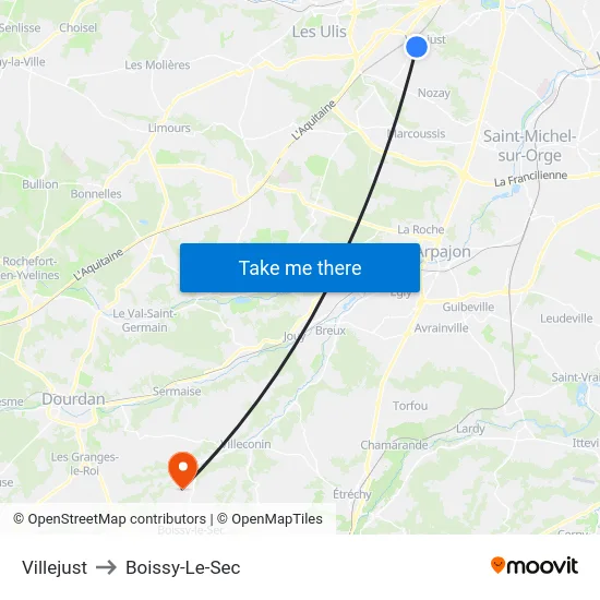 Villejust to Boissy-Le-Sec map
