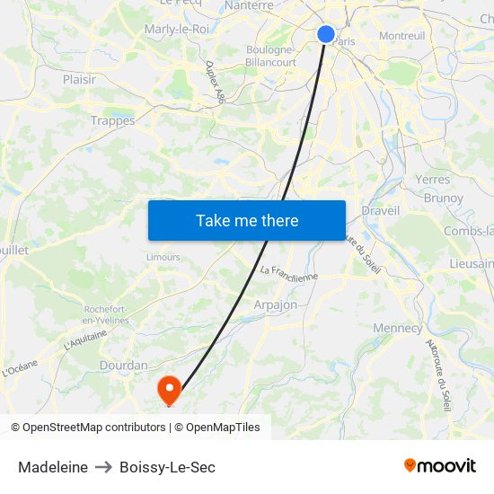 Madeleine to Boissy-Le-Sec map