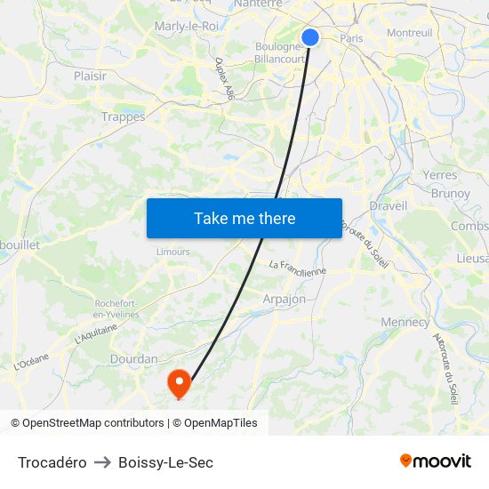 Trocadéro to Boissy-Le-Sec map