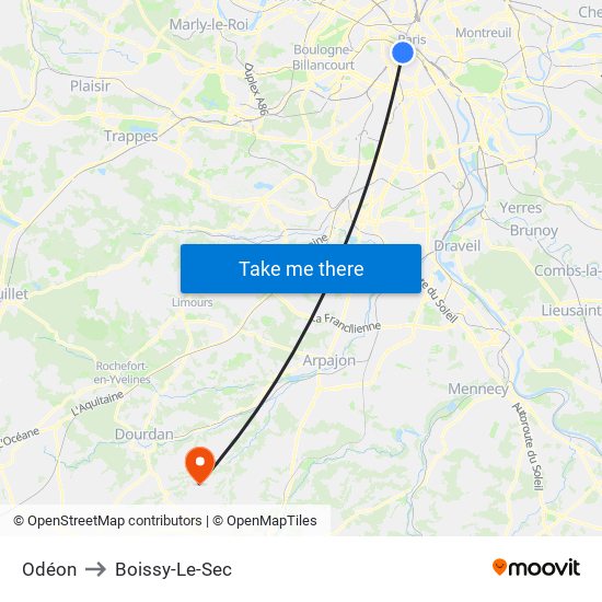 Odéon to Boissy-Le-Sec map