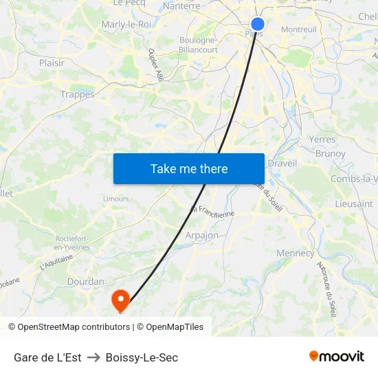 Gare de L'Est to Boissy-Le-Sec map