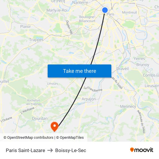 Paris Saint-Lazare to Boissy-Le-Sec map
