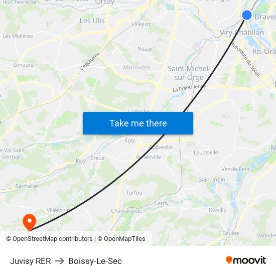 Juvisy RER to Boissy-Le-Sec map