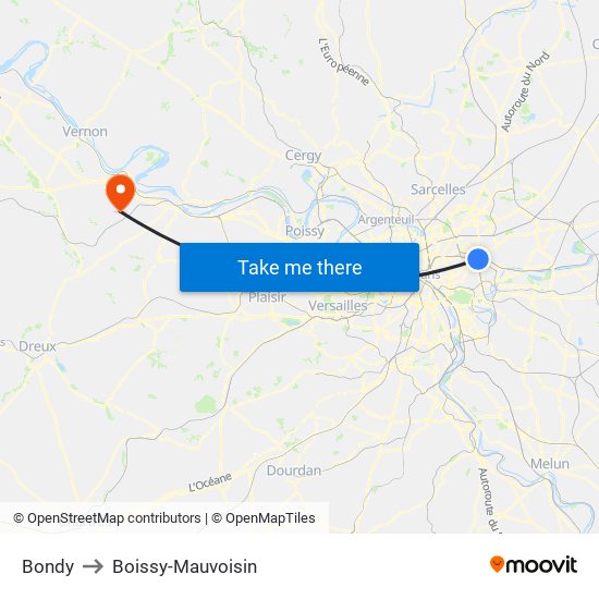 Bondy to Boissy-Mauvoisin map