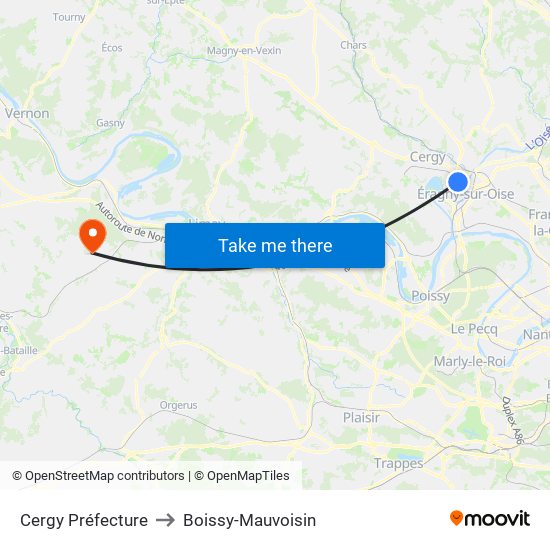 Cergy Préfecture to Boissy-Mauvoisin map