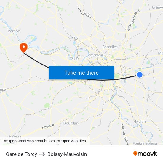 Gare de Torcy to Boissy-Mauvoisin map