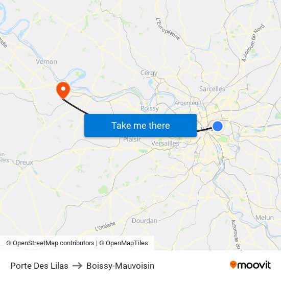 Porte Des Lilas to Boissy-Mauvoisin map