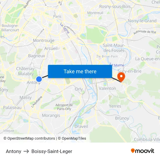 Antony to Boissy-Saint-Leger map