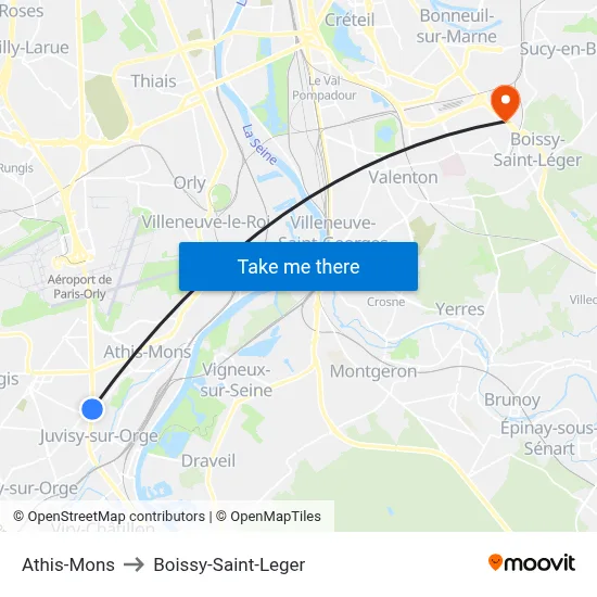Athis-Mons to Boissy-Saint-Leger map