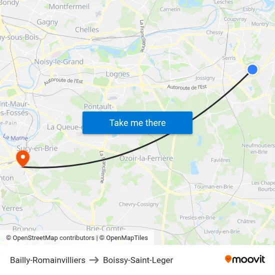 Bailly-Romainvilliers to Boissy-Saint-Leger map