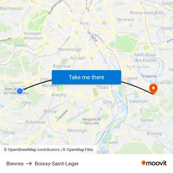 Bievres to Boissy-Saint-Leger map