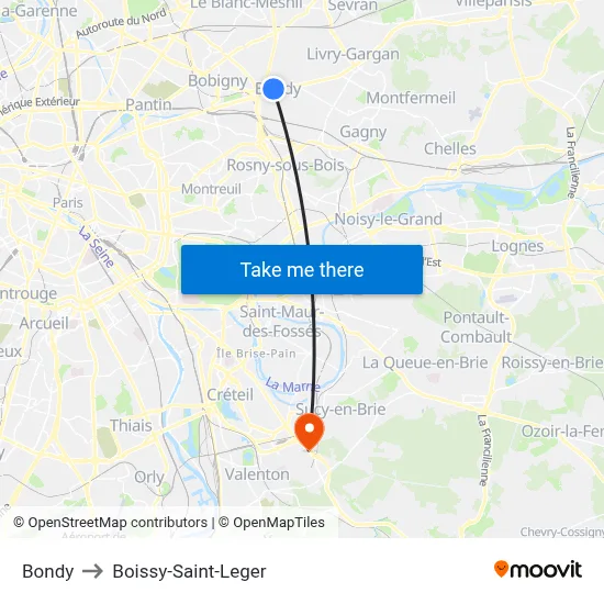 Bondy to Boissy-Saint-Leger map