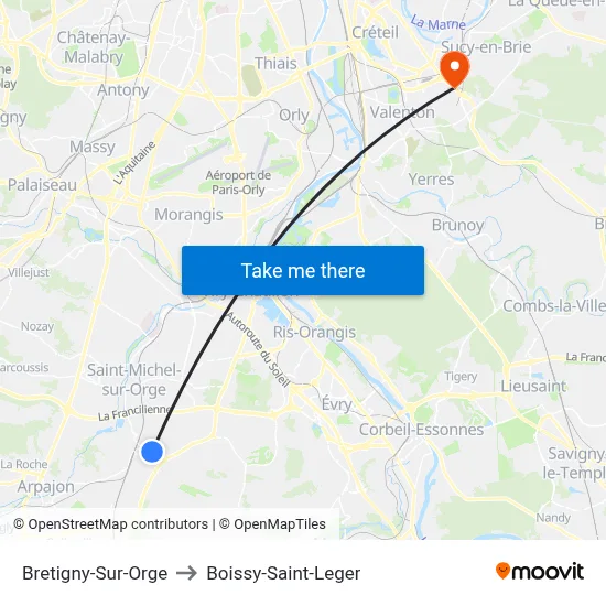 Bretigny-Sur-Orge to Boissy-Saint-Leger map