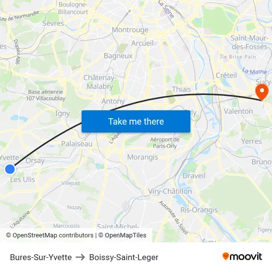 Bures-Sur-Yvette to Boissy-Saint-Leger map