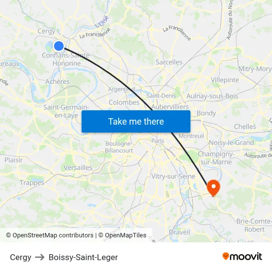 Cergy to Boissy-Saint-Leger map