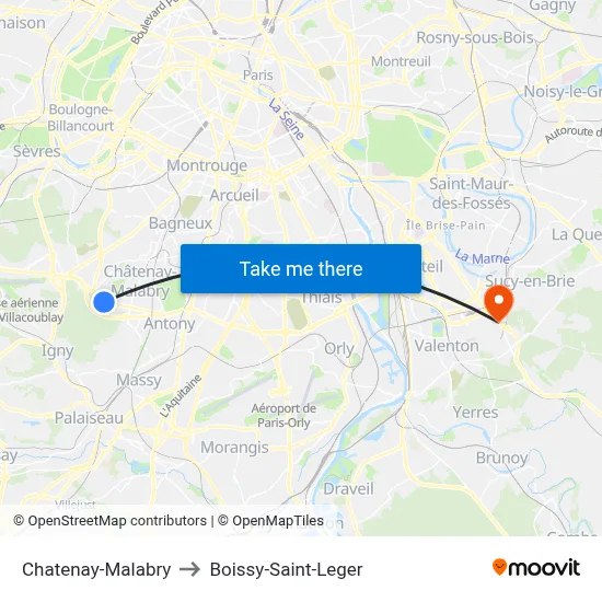 Chatenay-Malabry to Boissy-Saint-Leger map