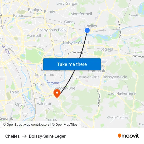 Chelles to Boissy-Saint-Leger map