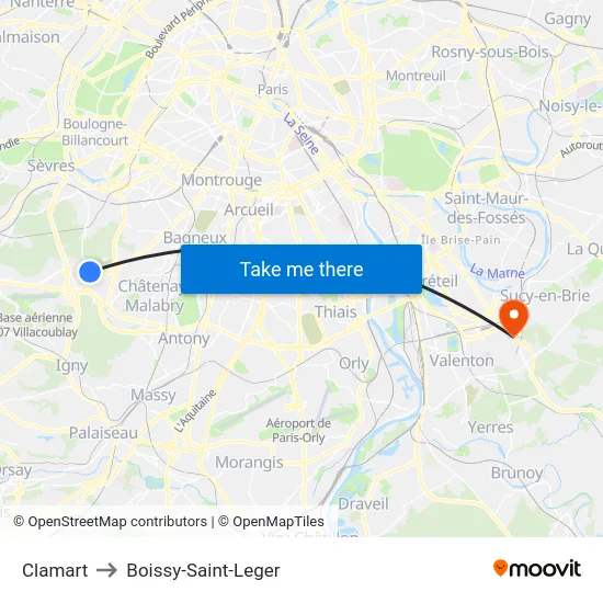 Clamart to Boissy-Saint-Leger map