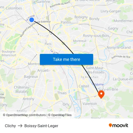 Clichy to Boissy-Saint-Leger map