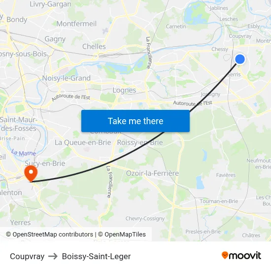 Coupvray to Boissy-Saint-Leger map