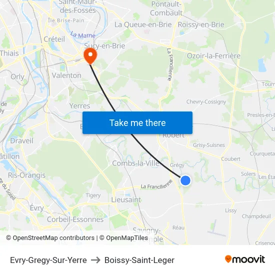 Evry-Gregy-Sur-Yerre to Boissy-Saint-Leger map