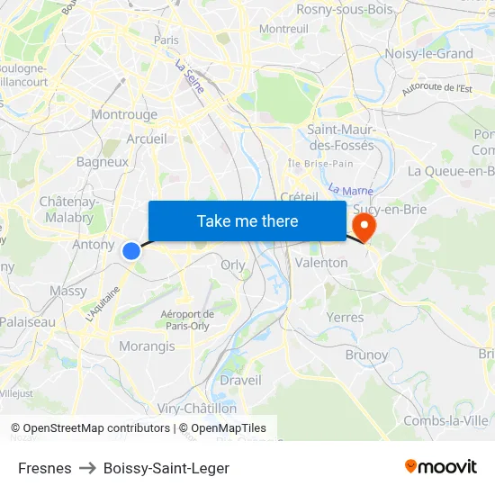 Fresnes to Boissy-Saint-Leger map