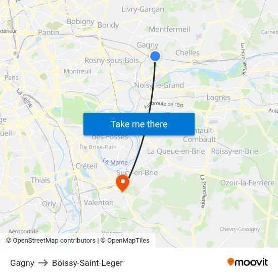 Gagny to Boissy-Saint-Leger map