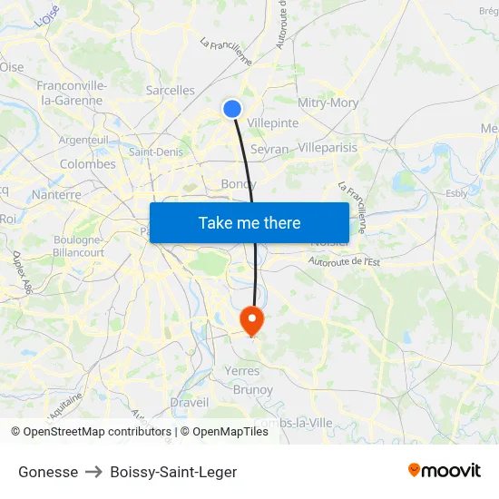 Gonesse to Boissy-Saint-Leger map