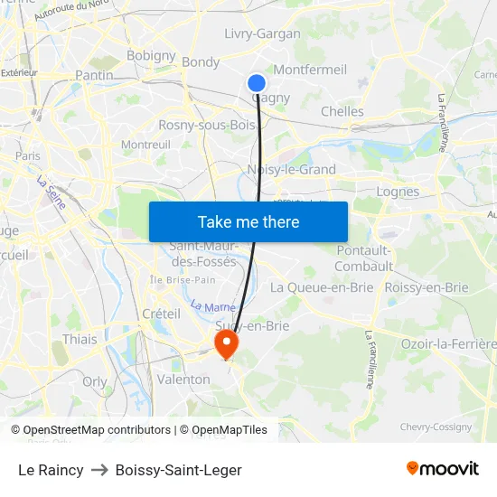Le Raincy to Boissy-Saint-Leger map