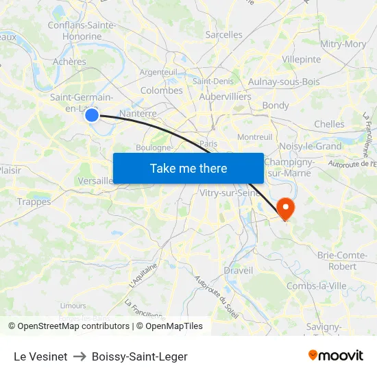 Le Vesinet to Boissy-Saint-Leger map