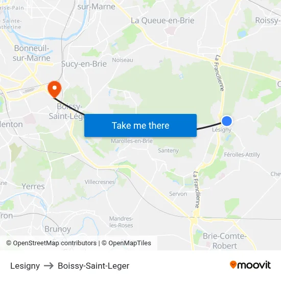 Lesigny to Boissy-Saint-Leger map