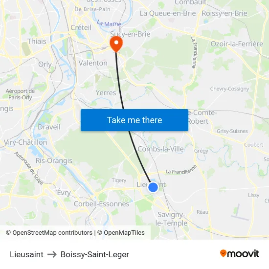 Lieusaint to Boissy-Saint-Leger map