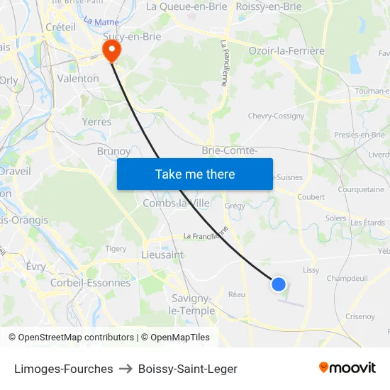 Limoges-Fourches to Boissy-Saint-Leger map