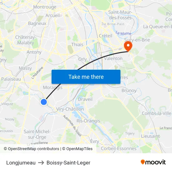 Longjumeau to Boissy-Saint-Leger map