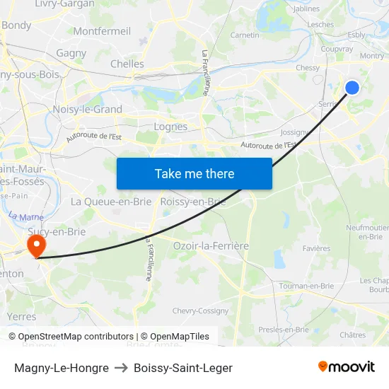 Magny-Le-Hongre to Boissy-Saint-Leger map