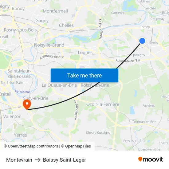 Montevrain to Boissy-Saint-Leger map