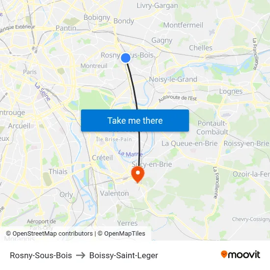 Rosny-Sous-Bois to Boissy-Saint-Leger map