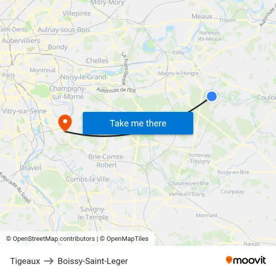 Tigeaux to Boissy-Saint-Leger map