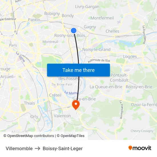 Villemomble to Boissy-Saint-Leger map