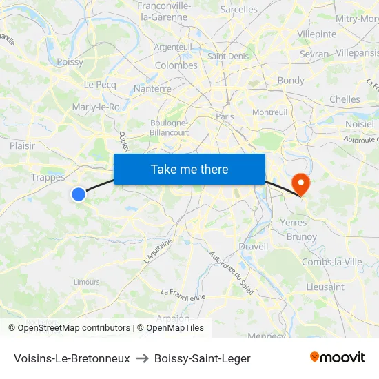 Voisins-Le-Bretonneux to Boissy-Saint-Leger map