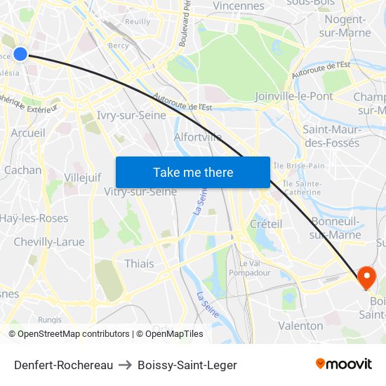 Denfert-Rochereau to Boissy-Saint-Leger map