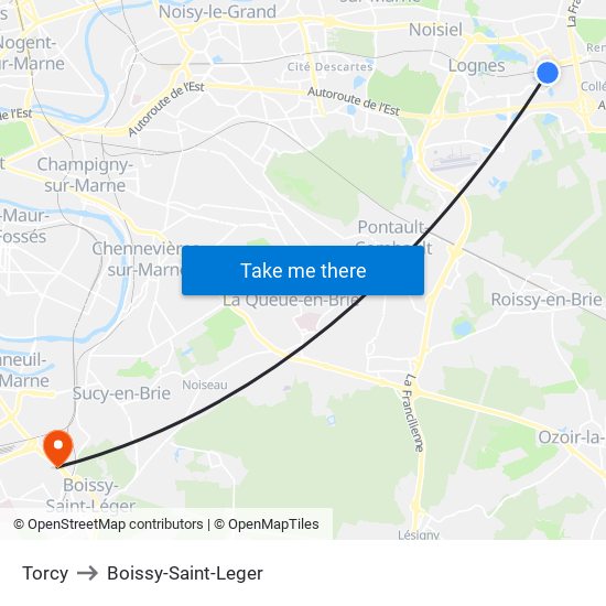 Torcy to Boissy-Saint-Leger map