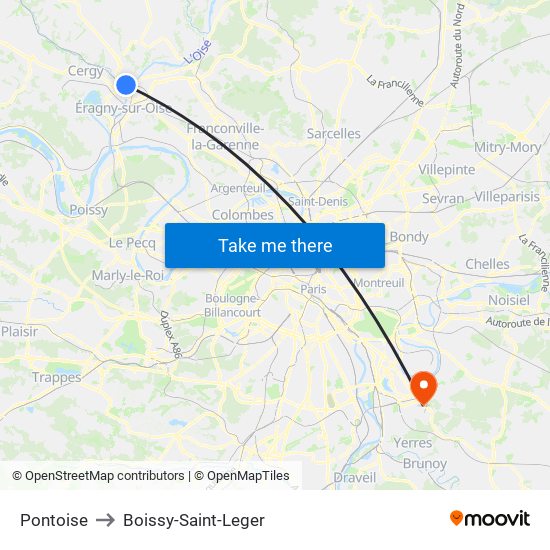 Pontoise to Boissy-Saint-Leger map