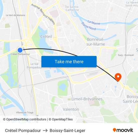 Créteil Pompadour to Boissy-Saint-Leger map