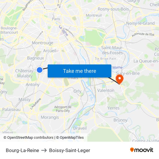 Bourg-La-Reine to Boissy-Saint-Leger map